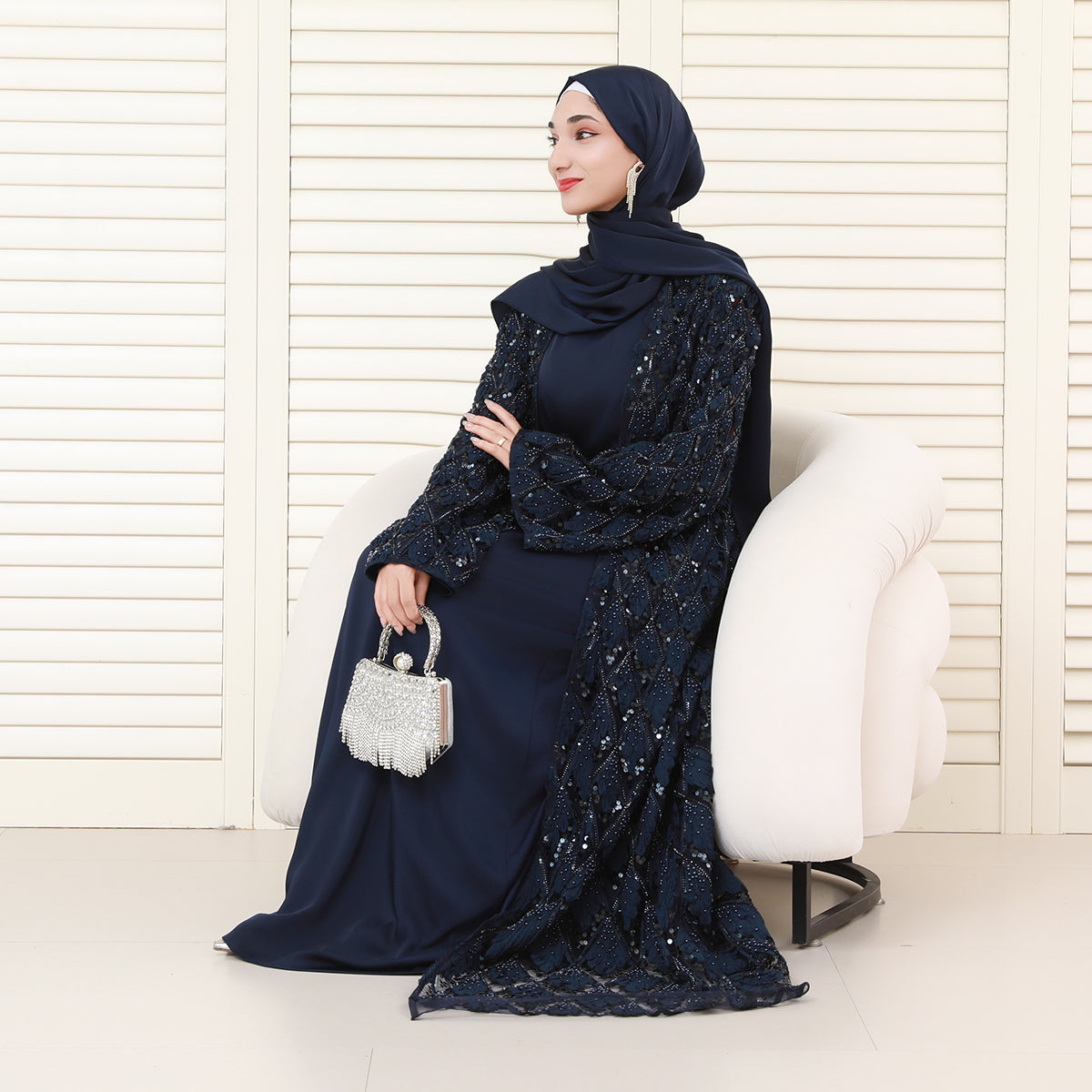 Luxury Bridal-Inspired 4-Piece Abaya Set with Pearl & Crystal Floral Embroidery (NCS017)