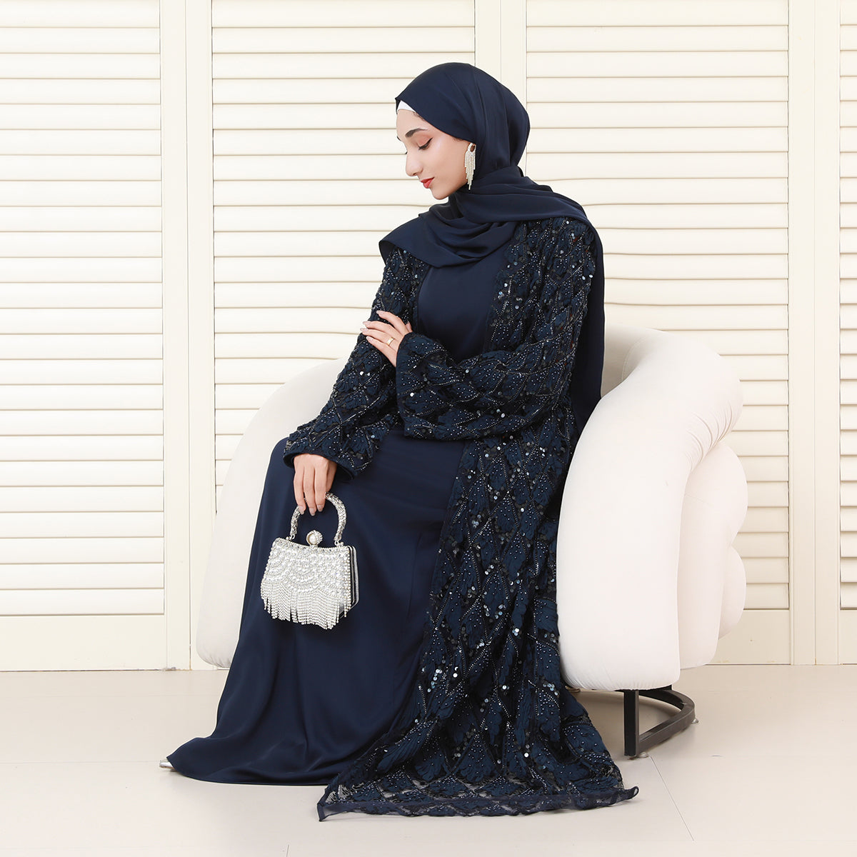 Luxury Bridal-Inspired 4-Piece Abaya Set with Pearl & Crystal Floral Embroidery (NCS017)