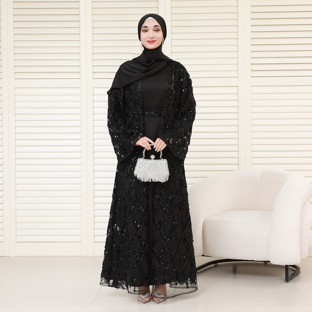 Luxury Bridal-Inspired 4-Piece Abaya Set with Pearl & Crystal Floral Embroidery (NCS017)
