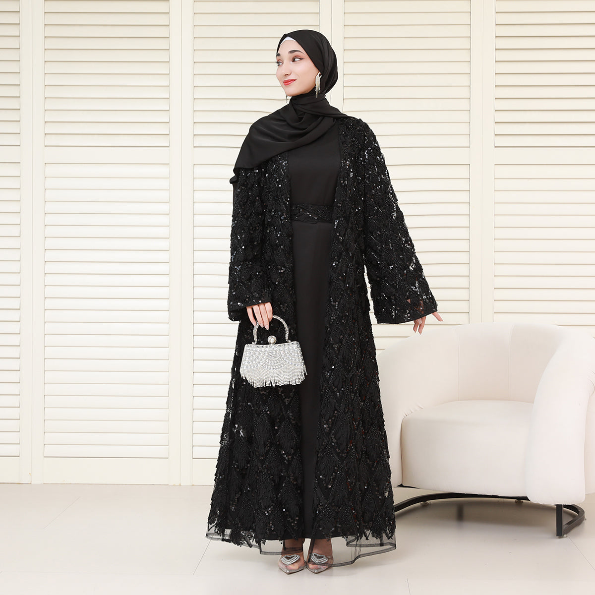 Luxury Bridal-Inspired 4-Piece Abaya Set with Pearl & Crystal Floral Embroidery (NCS017)