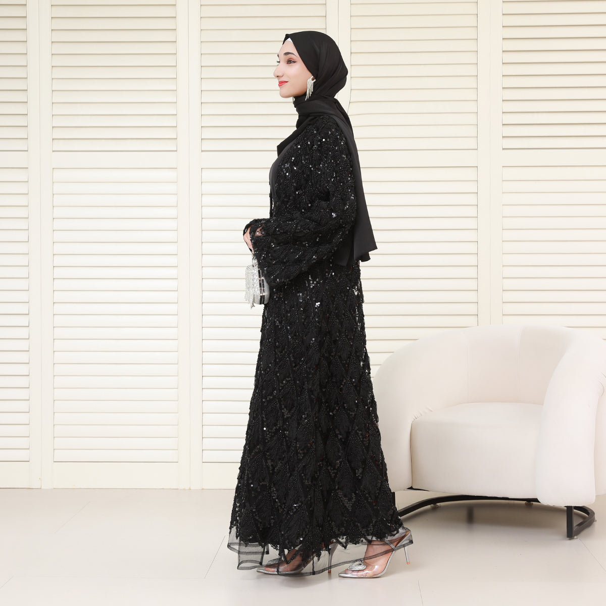 Luxury Bridal-Inspired 4-Piece Abaya Set with Pearl & Crystal Floral Embroidery (NCS017)