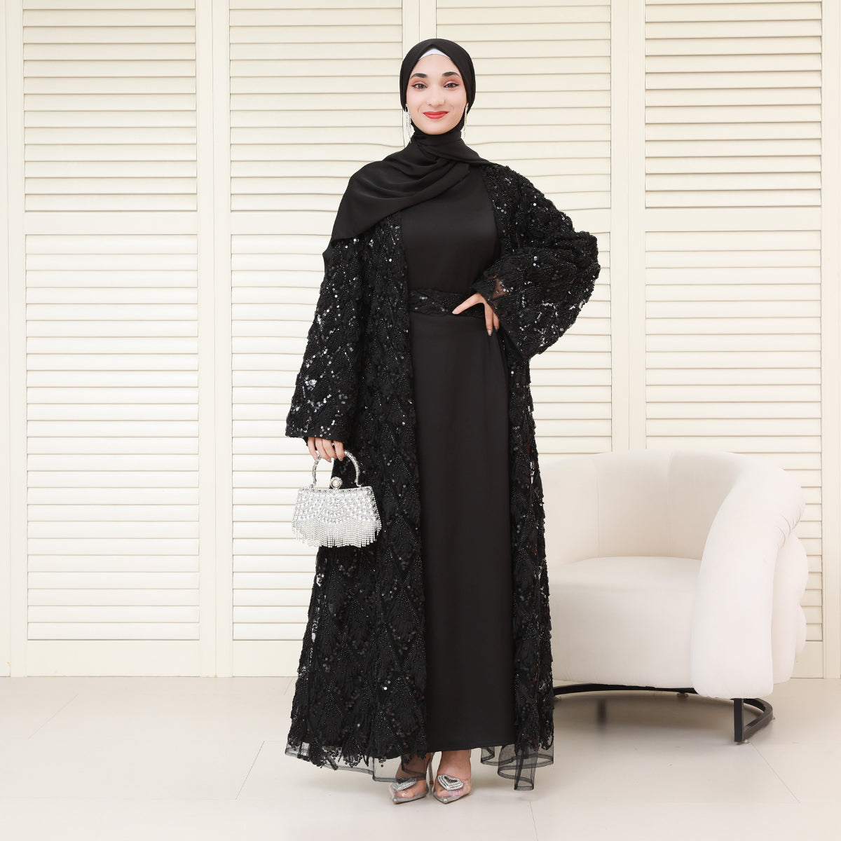 Luxury Bridal-Inspired 4-Piece Abaya Set with Pearl & Crystal Floral Embroidery (NCS017)