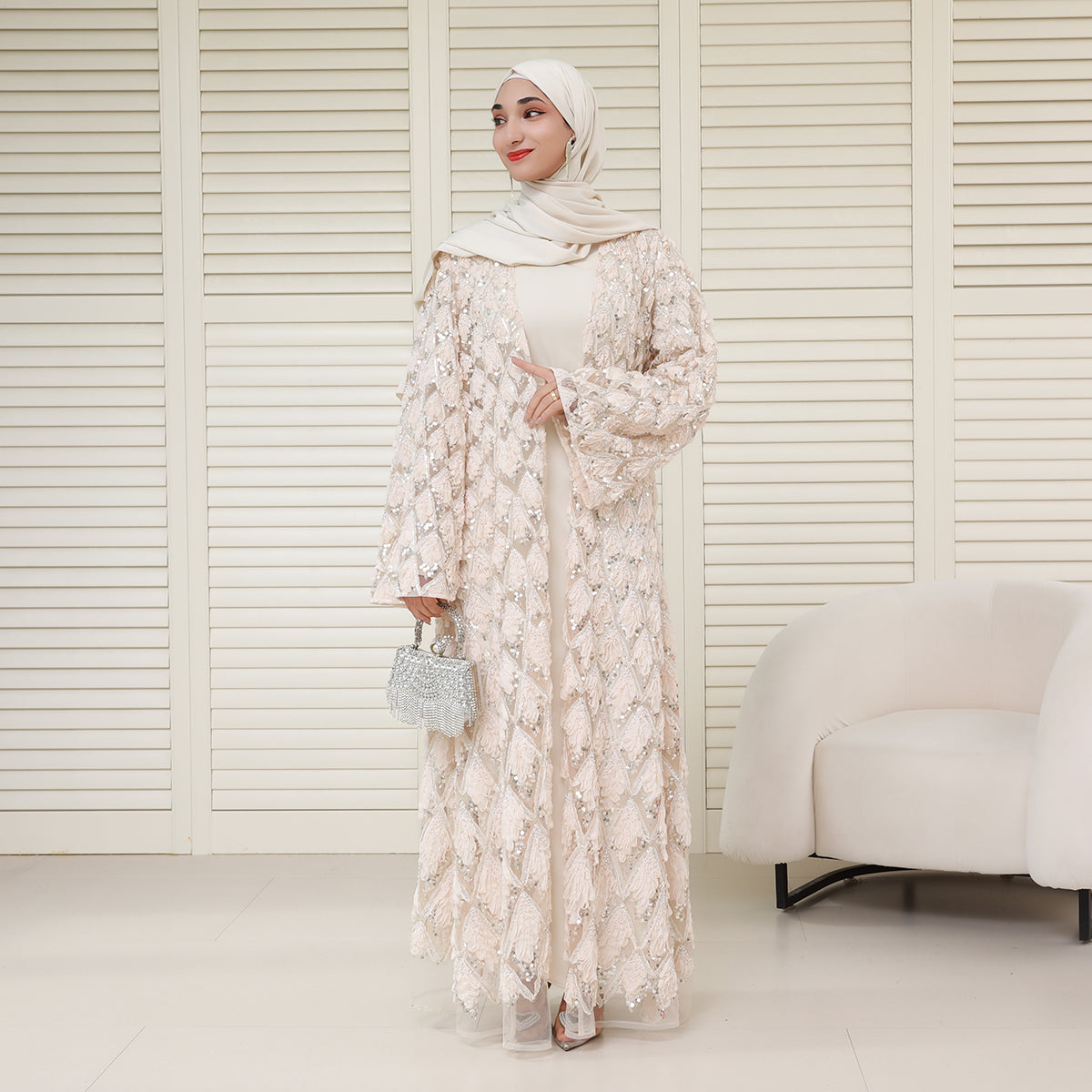 Luxury Bridal-Inspired 4-Piece Abaya Set with Pearl & Crystal Floral Embroidery (NCS017)