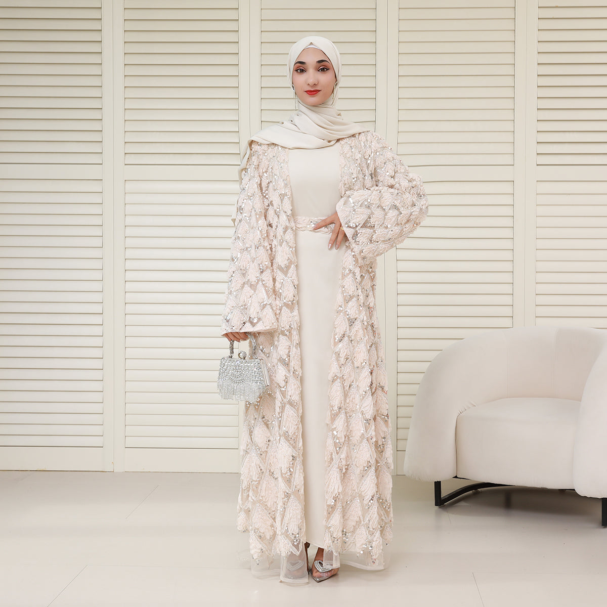 Luxury Bridal-Inspired 4-Piece Abaya Set with Pearl & Crystal Floral Embroidery (NCS017)