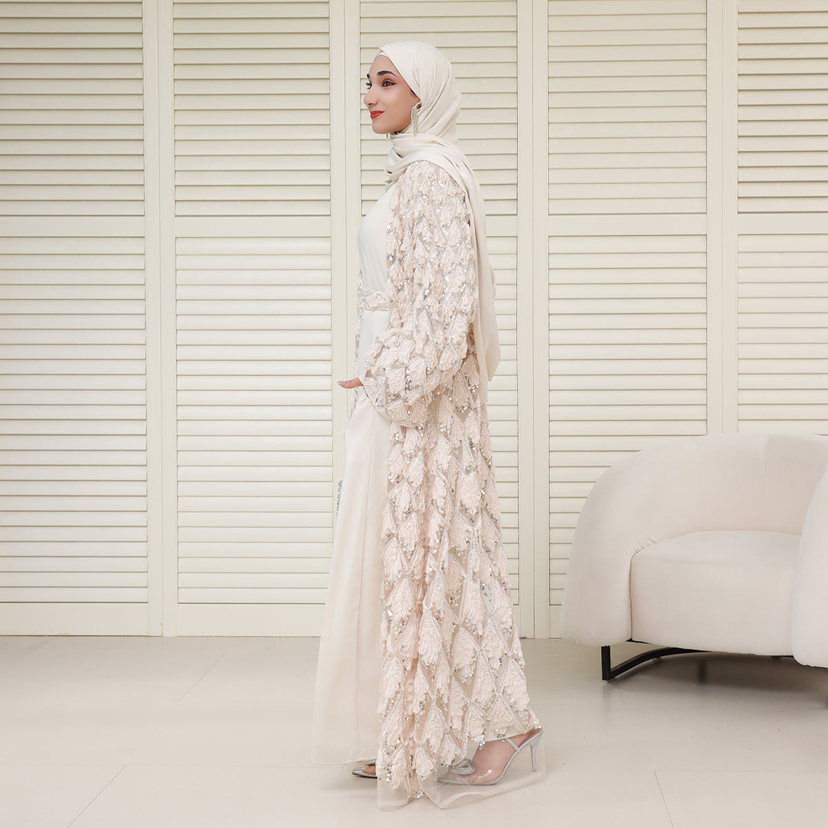 Luxury Bridal-Inspired 4-Piece Abaya Set with Pearl & Crystal Floral Embroidery (NCS017)