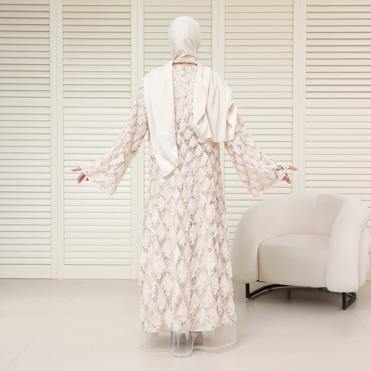 Luxury Bridal-Inspired 4-Piece Abaya Set with Pearl & Crystal Floral Embroidery (NCS017)