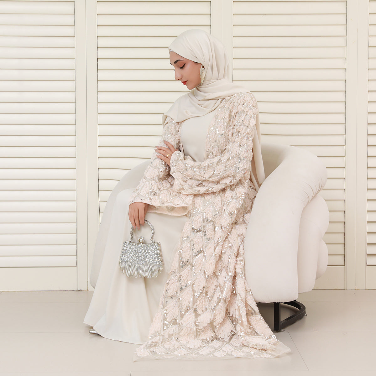 Luxury Bridal-Inspired 4-Piece Abaya Set with Pearl & Crystal Floral Embroidery (NCS017)