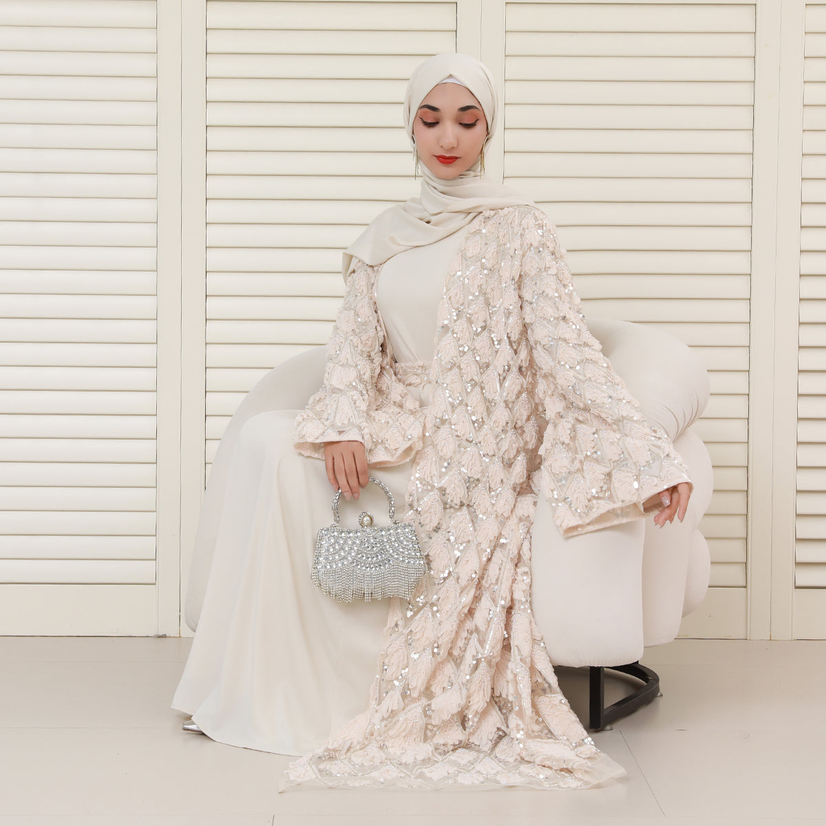 Luxury Bridal-Inspired 4-Piece Abaya Set with Pearl & Crystal Floral Embroidery (NCS017)