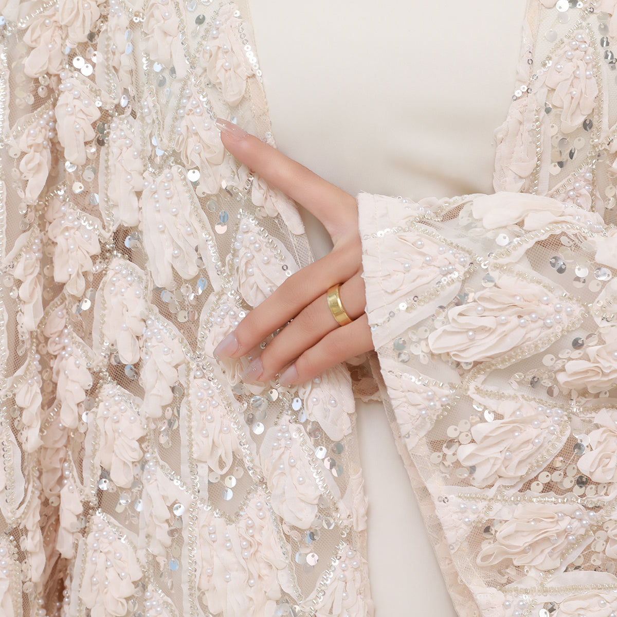 Luxury Bridal-Inspired 4-Piece Abaya Set with Pearl & Crystal Floral Embroidery (NCS017)