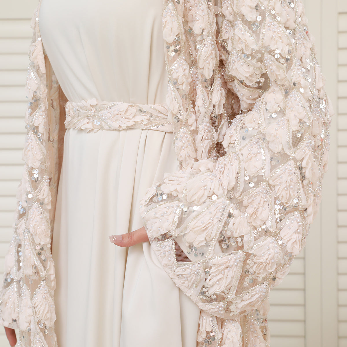 Luxury Bridal-Inspired 4-Piece Abaya Set with Pearl & Crystal Floral Embroidery (NCS017)