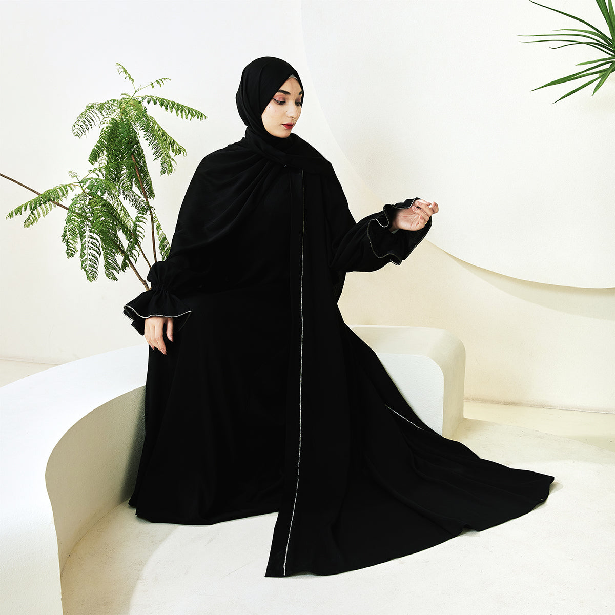 3-Piece Ruffle Sleeve Haiya Abaya Set with Sparkling Rhinestone (NCS006)