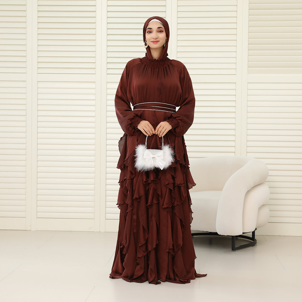 3-Piece Pleated Satin Ruffle Abaya with Crystal Belt & Hijab (NCS015)