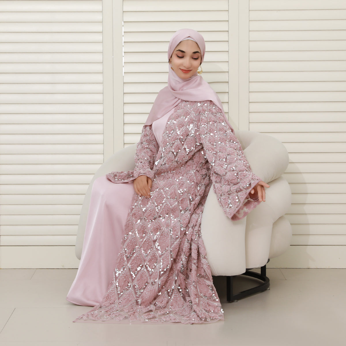 Luxury Bridal-Inspired 4-Piece Abaya Set with Pearl & Crystal Floral Embroidery (NCS017)