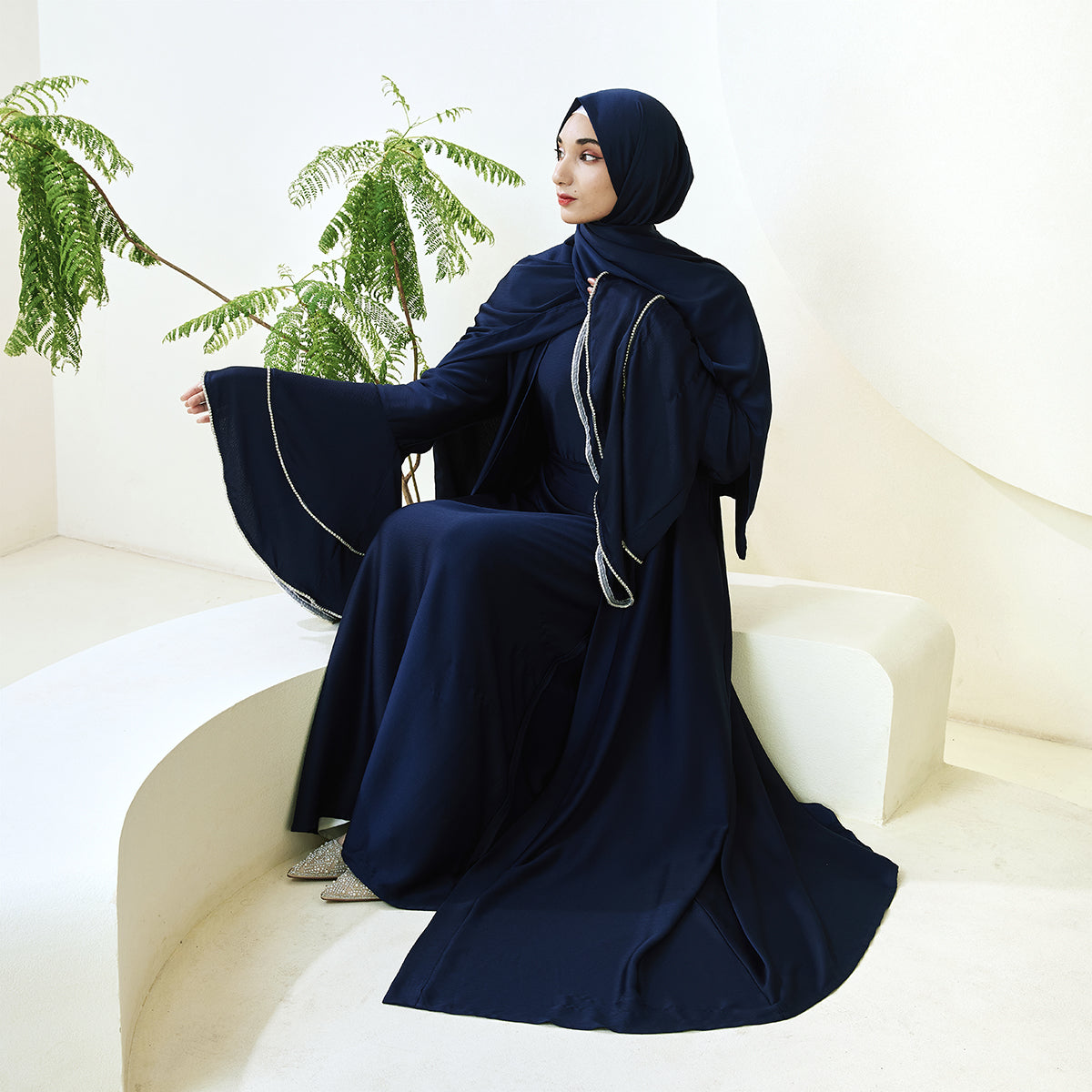 Crepe Satin Ruffle Sleeve Abaya, 5-Piece Set (NCS003)
