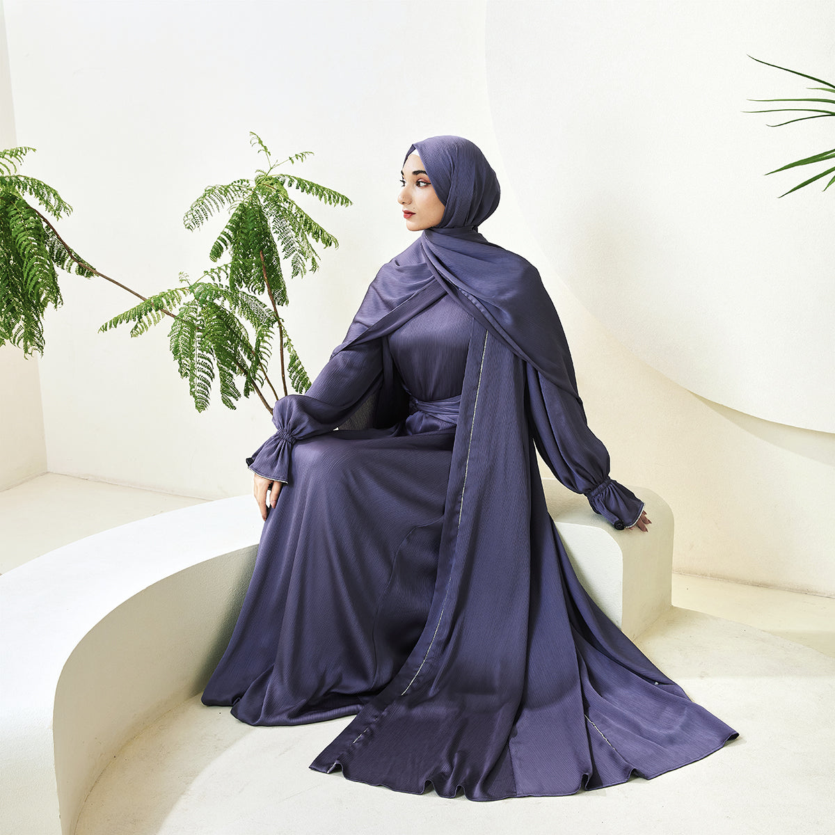 3-Piece Ruffle Sleeve Haiya Abaya Set with Sparkling Rhinestone (NCS006)