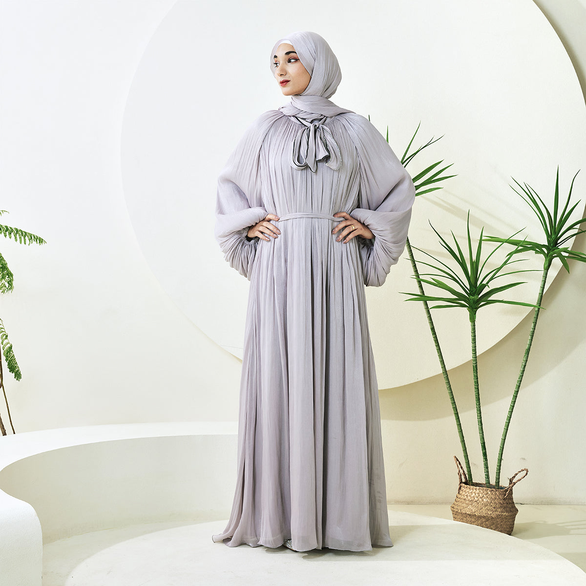 Haffafa Armani Satin Abaya Set – Modest Dress with Matching Belt & Hijab(NCS002)