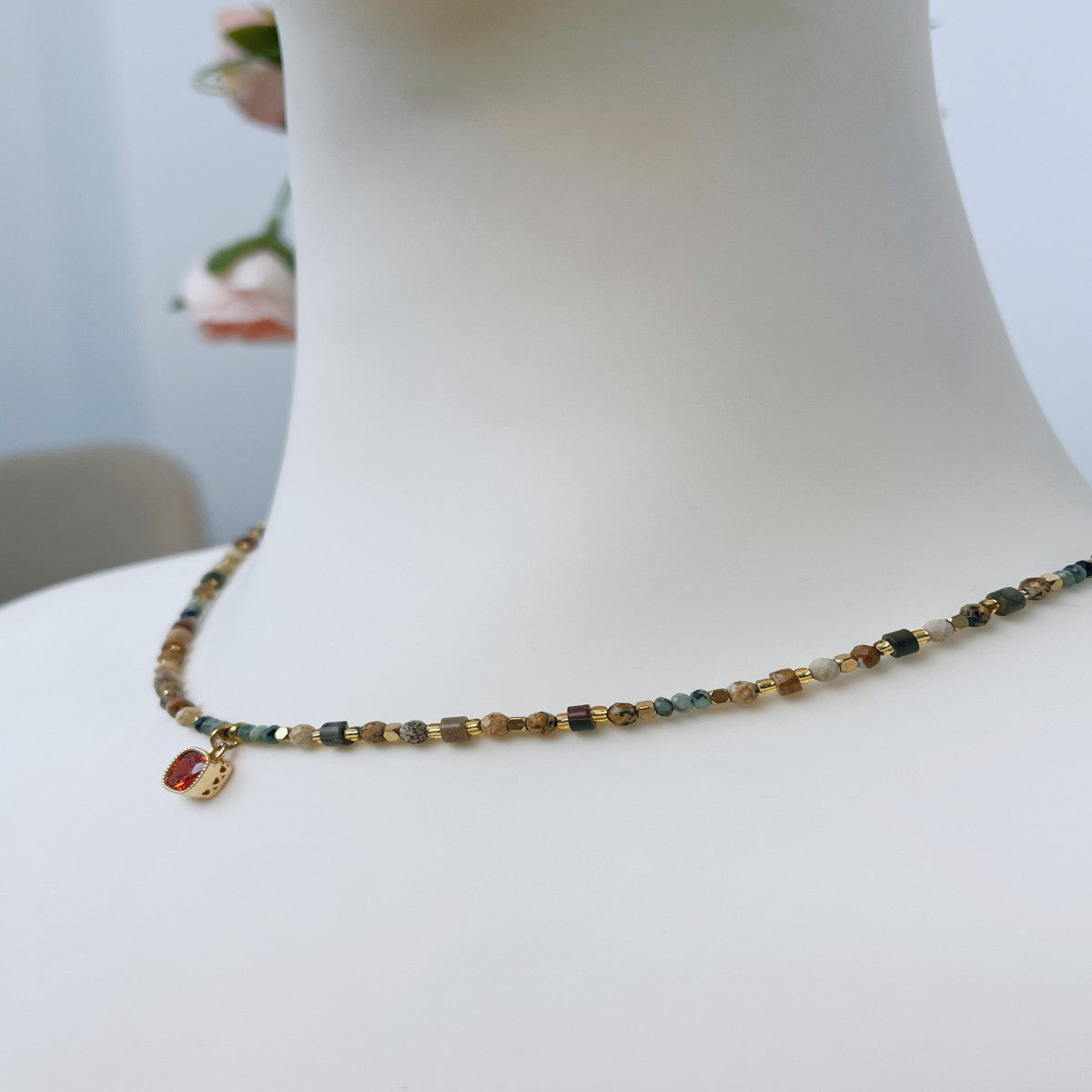 Boho Raw Stone Beaded Necklace with Vintage Sun Pendant – Handmade Natural Gemstone Jewelry for Women(NCJ001)