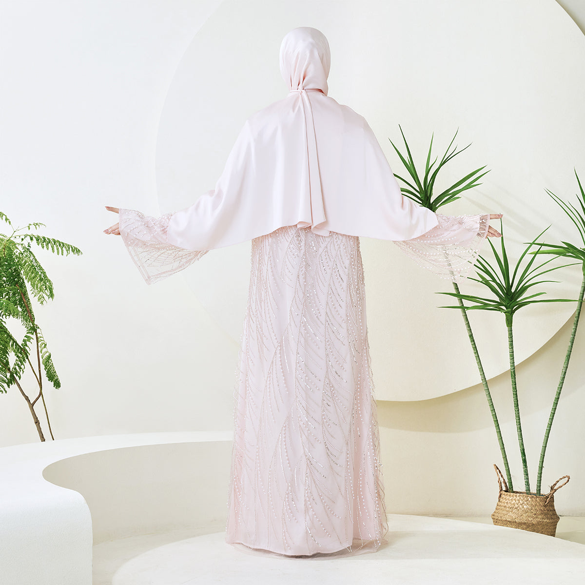 3-Piece Bridal Abaya Set with Pearl‑Embellished Organza Overlay PREORDER(NCS010)