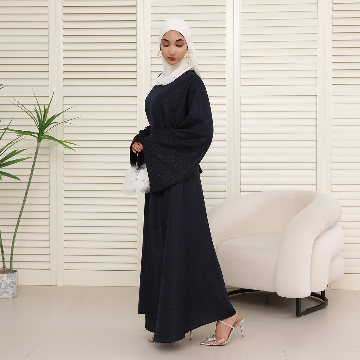 Elegant 3D Jacquard Brocade Belted Maxi Dress Abaya– Luxury Satin Gown for Formal Occasions(NCA019)