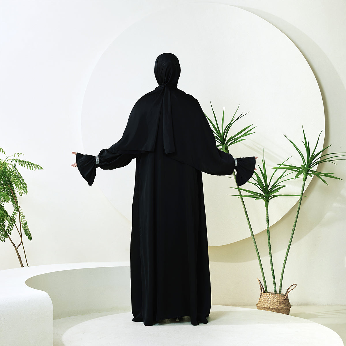 Poet Sleeve Satin Open Abaya With Matching Belt and Hijab(NCS007)