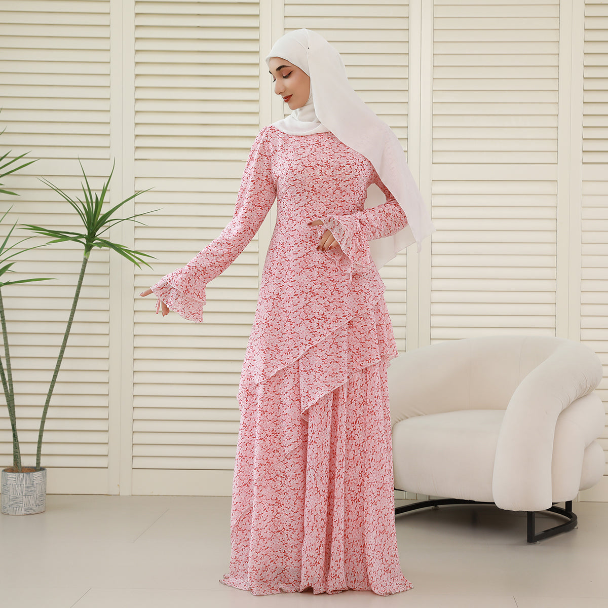 3-Piece Ruffle Chiffon Abaya Set – Top, Skirt & Scrunchie NCA006