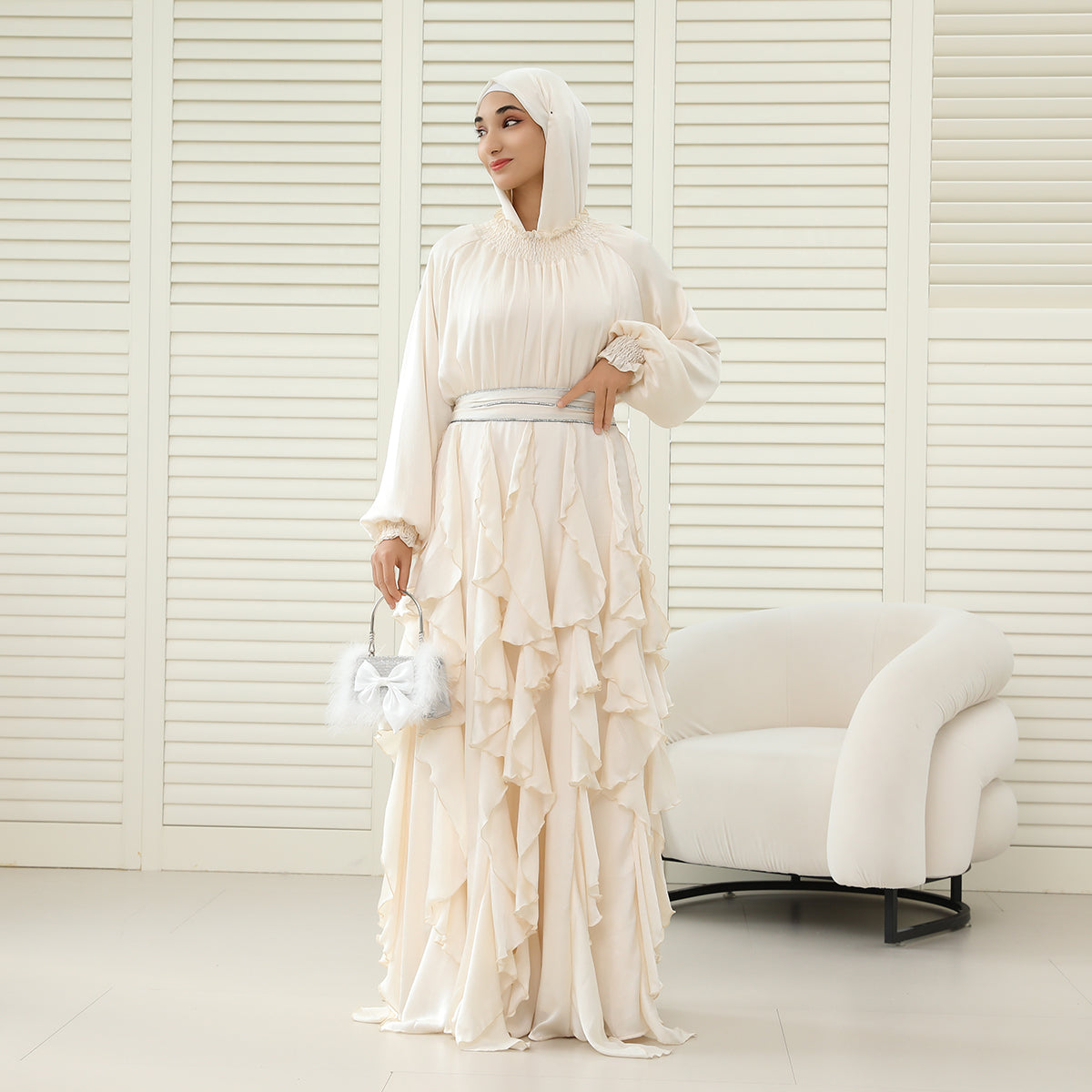 3-Piece Pleated Satin Ruffle Abaya with Crystal Belt & Hijab (NCS015)
