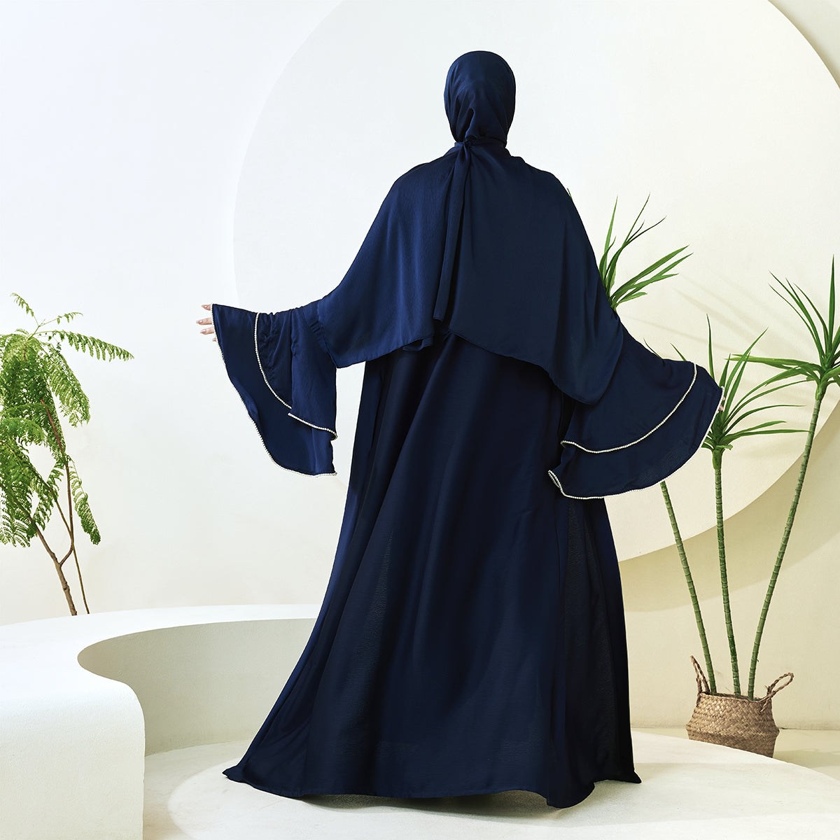 Crepe Satin Ruffle Sleeve Abaya, 5-Piece Set (NCS003)