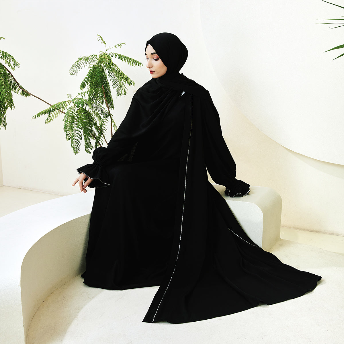 3-Piece Ruffle Sleeve Haiya Abaya Set with Sparkling Rhinestone (NCS006)