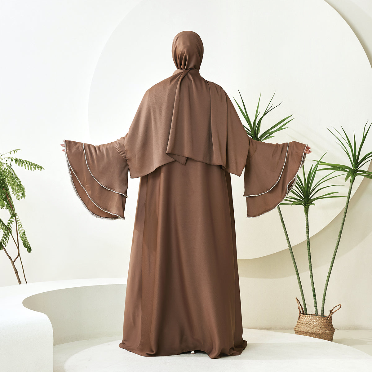 Crepe Satin Ruffle Sleeve Abaya, 5-Piece Set (NCS003)