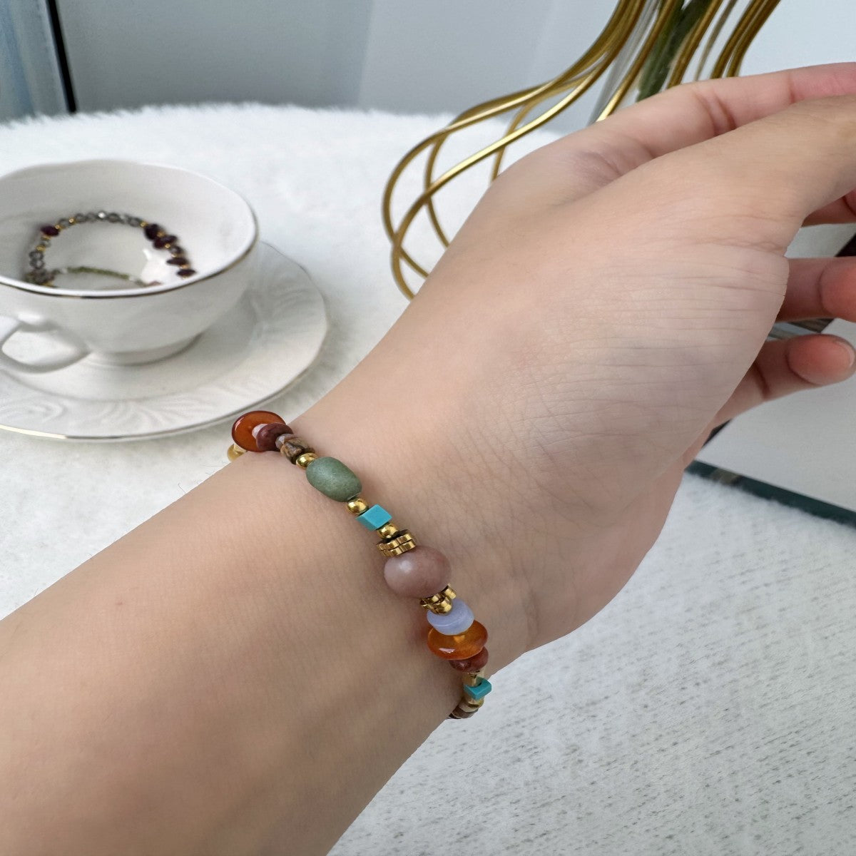 Boho Raw Gemstone Beaded Bracelet – Handmade Natural Stone Jewelry for Women(NCJ002)