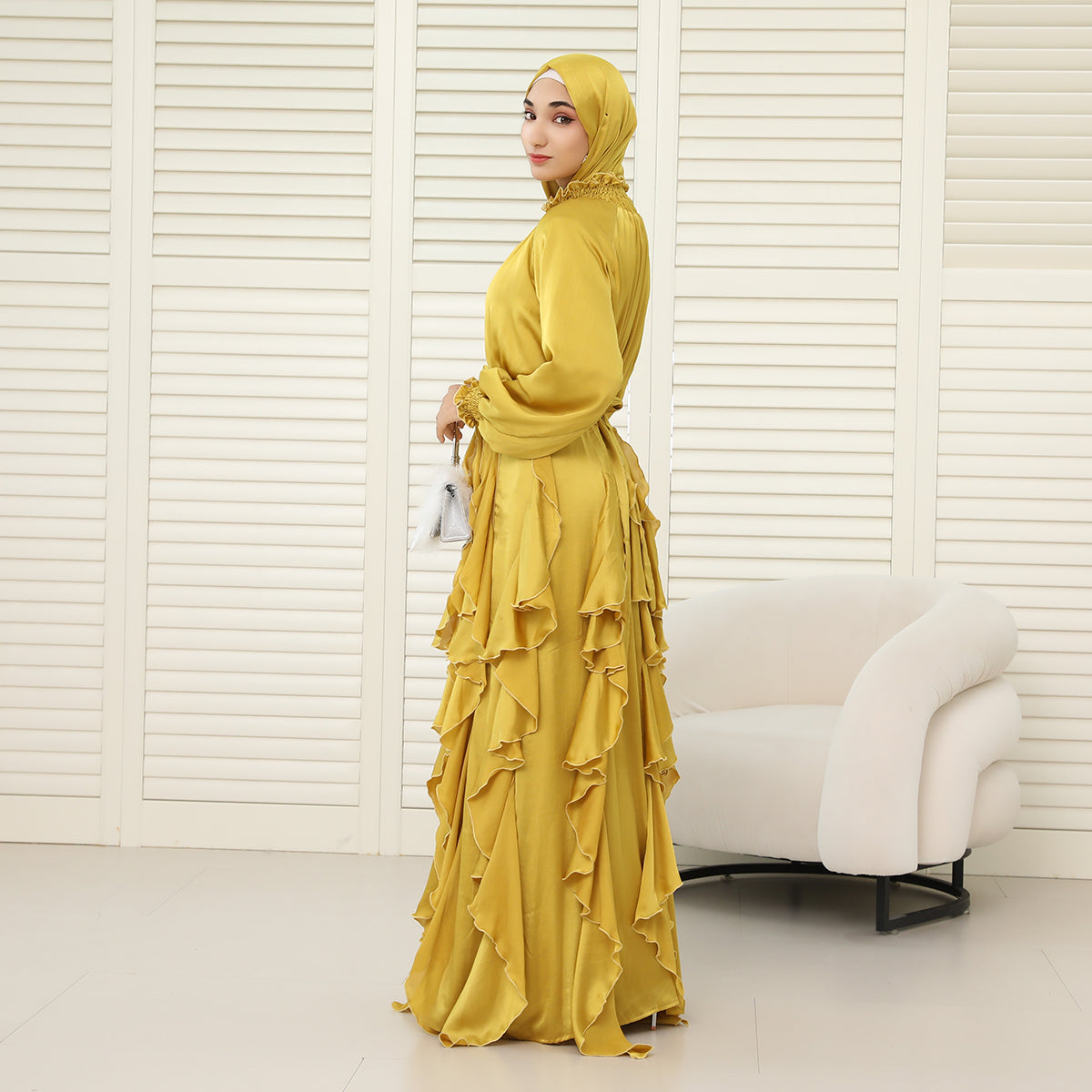 3-Piece Pleated Satin Ruffle Abaya with Crystal Belt & Hijab (NCS015)