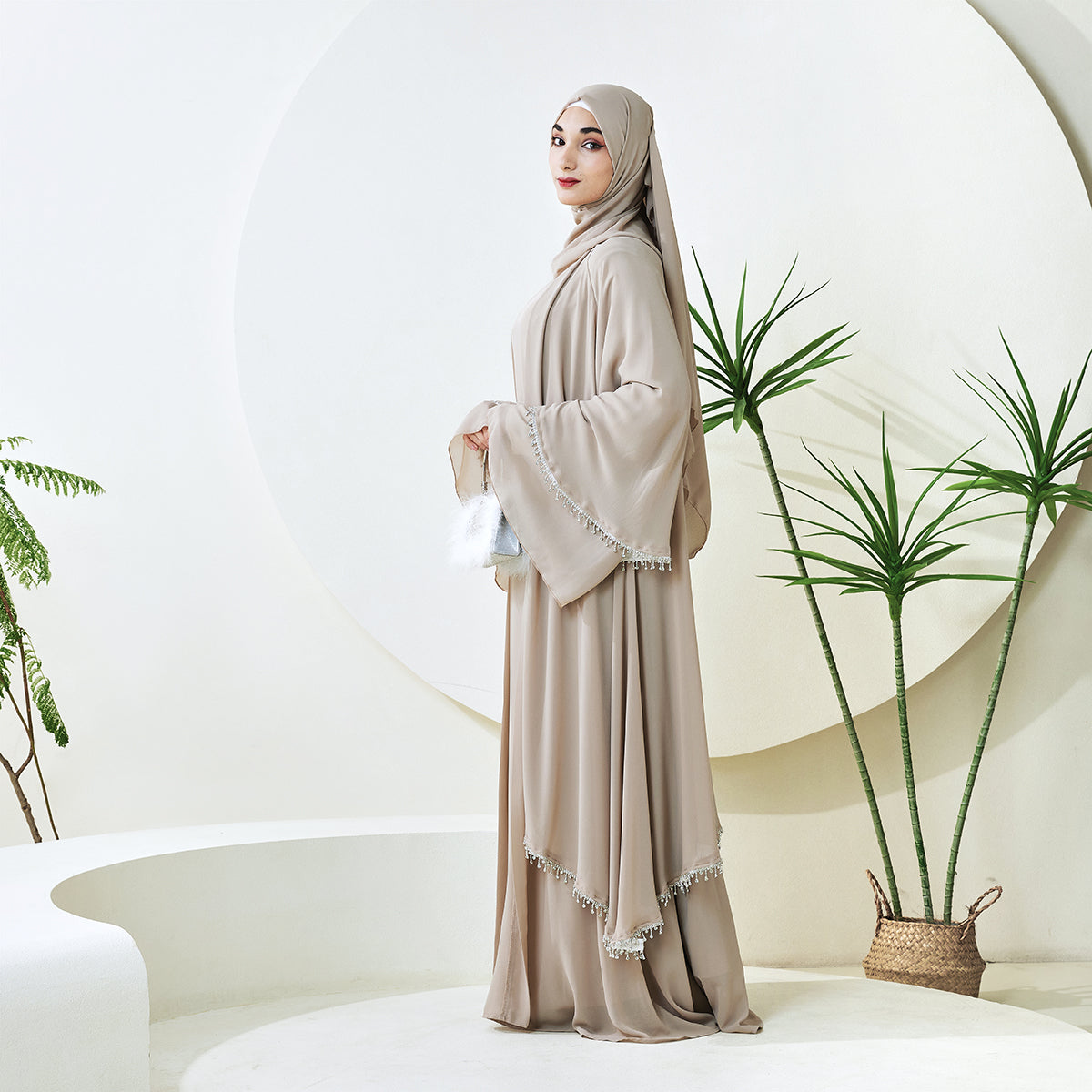 Elegant Chiffon Diamond Tassels Abaya Four - piece Set(NCS001)