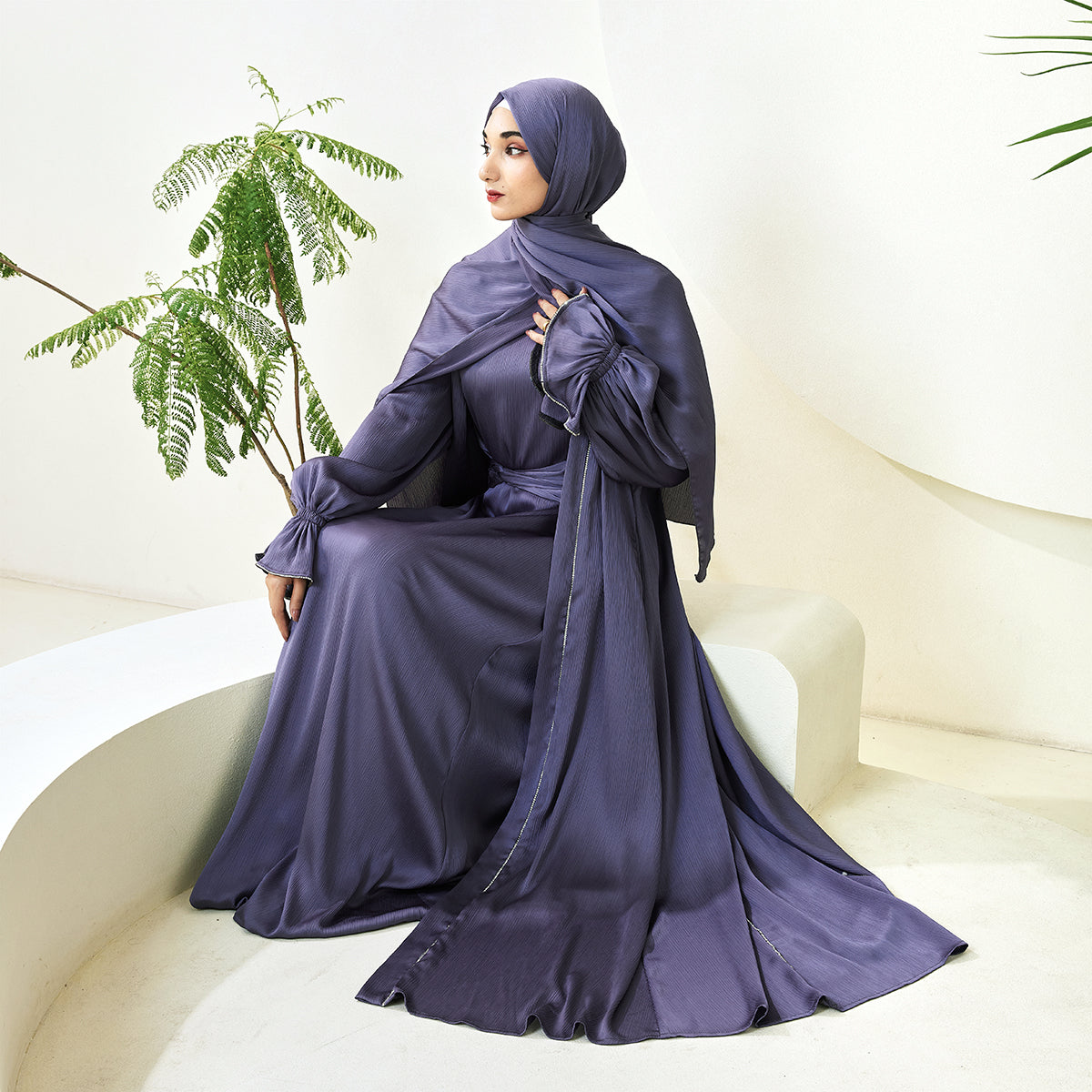 3-Piece Ruffle Sleeve Haiya Abaya Set with Sparkling Rhinestone (NCS006)