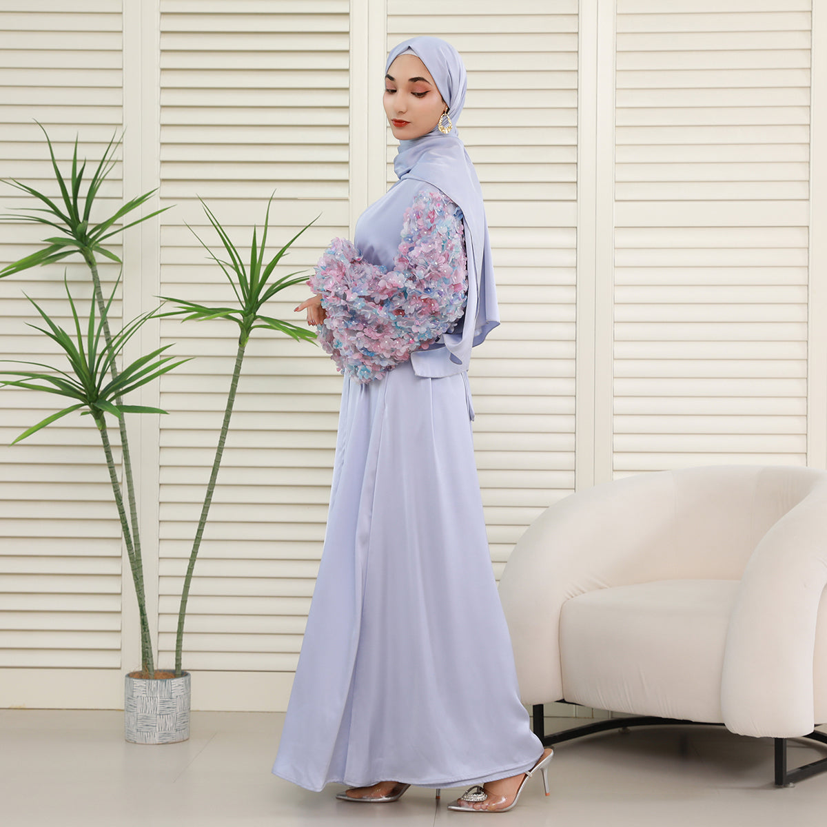 Pastel 3D Floral Sleeve 4-Piece Abaya Set – Elegant Occasionwear Modest Dress (NCS014)