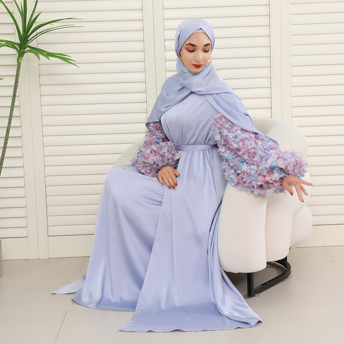 Pastel 3D Floral Sleeve 4-Piece Abaya Set – Elegant Occasionwear Modest Dress (NCS014)