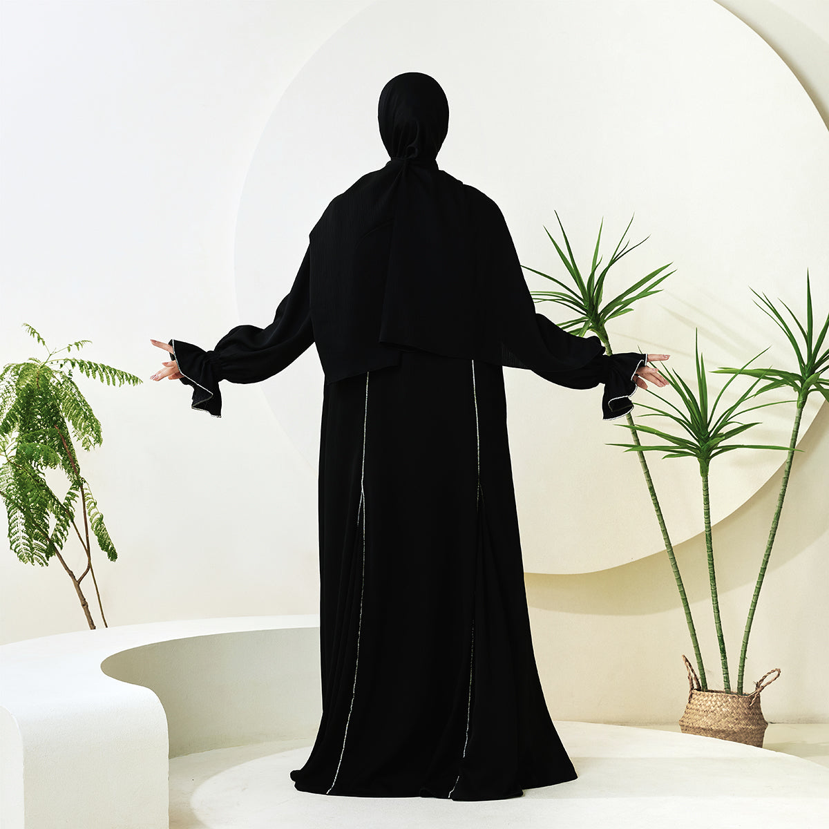 3-Piece Ruffle Sleeve Haiya Abaya Set with Sparkling Rhinestone (NCS006)