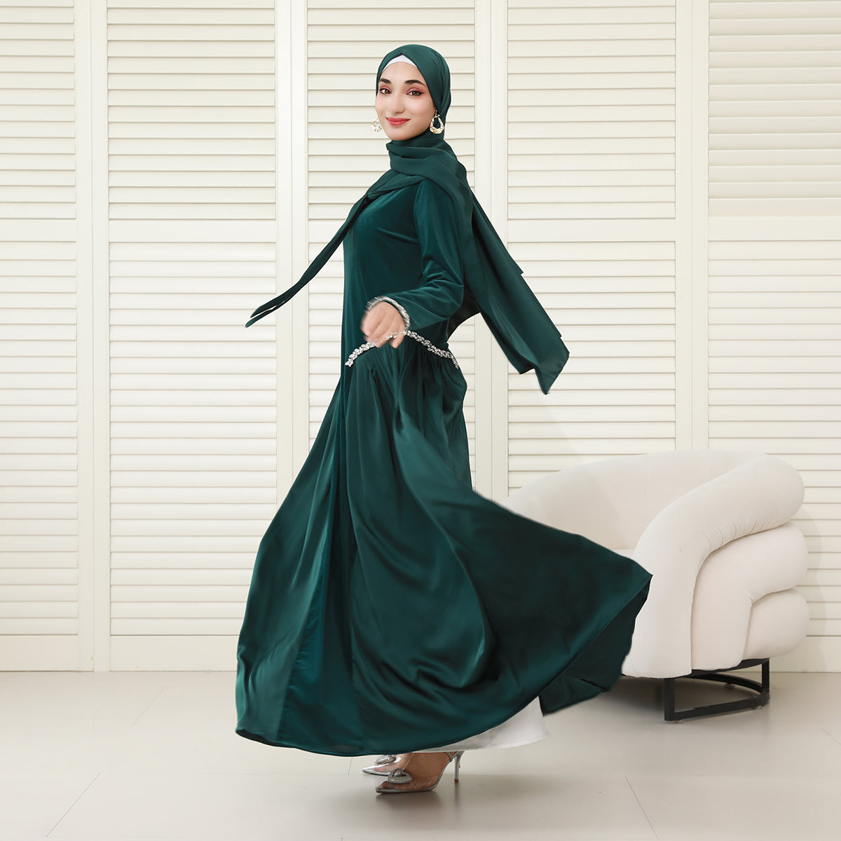 Navy Collar Velvet Satin Abaya Set with Hijab – Fall Modest Fashion (NCS016)