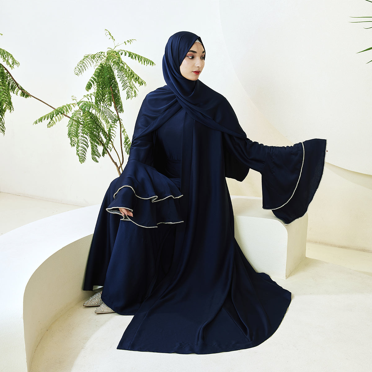 Crepe Satin Ruffle Sleeve Abaya, 5-Piece Set (NCS003)