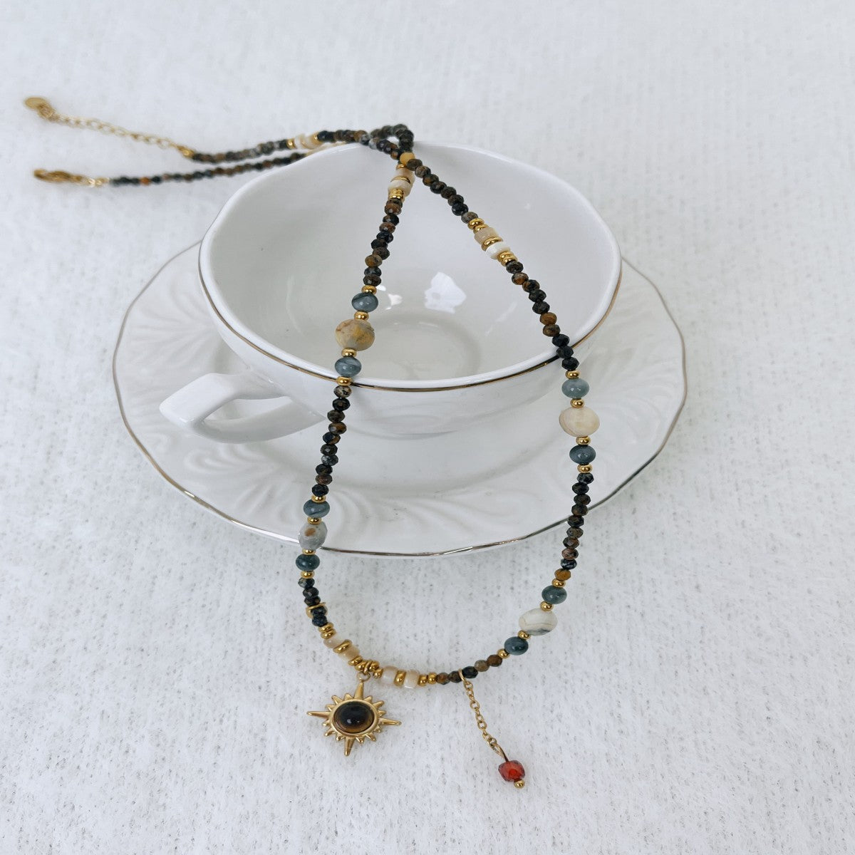 Boho Raw Stone Beaded Necklace with Vintage Sun Pendant – Handmade Natural Gemstone Jewelry for Women(NCJ001)