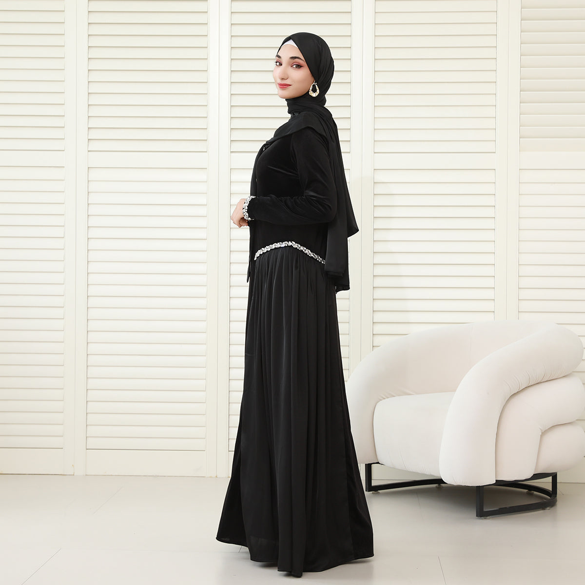 Navy Collar Velvet Satin Abaya Set with Hijab – Fall Modest Fashion (NCS016)