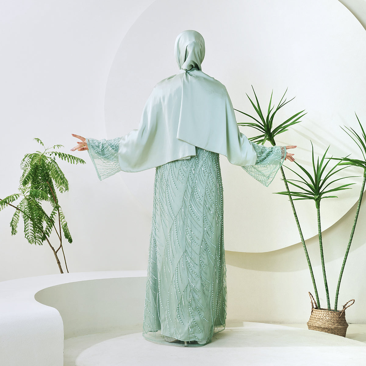3-Piece Bridal Abaya Set with Pearl‑Embellished Organza Overlay PREORDER(NCS010)