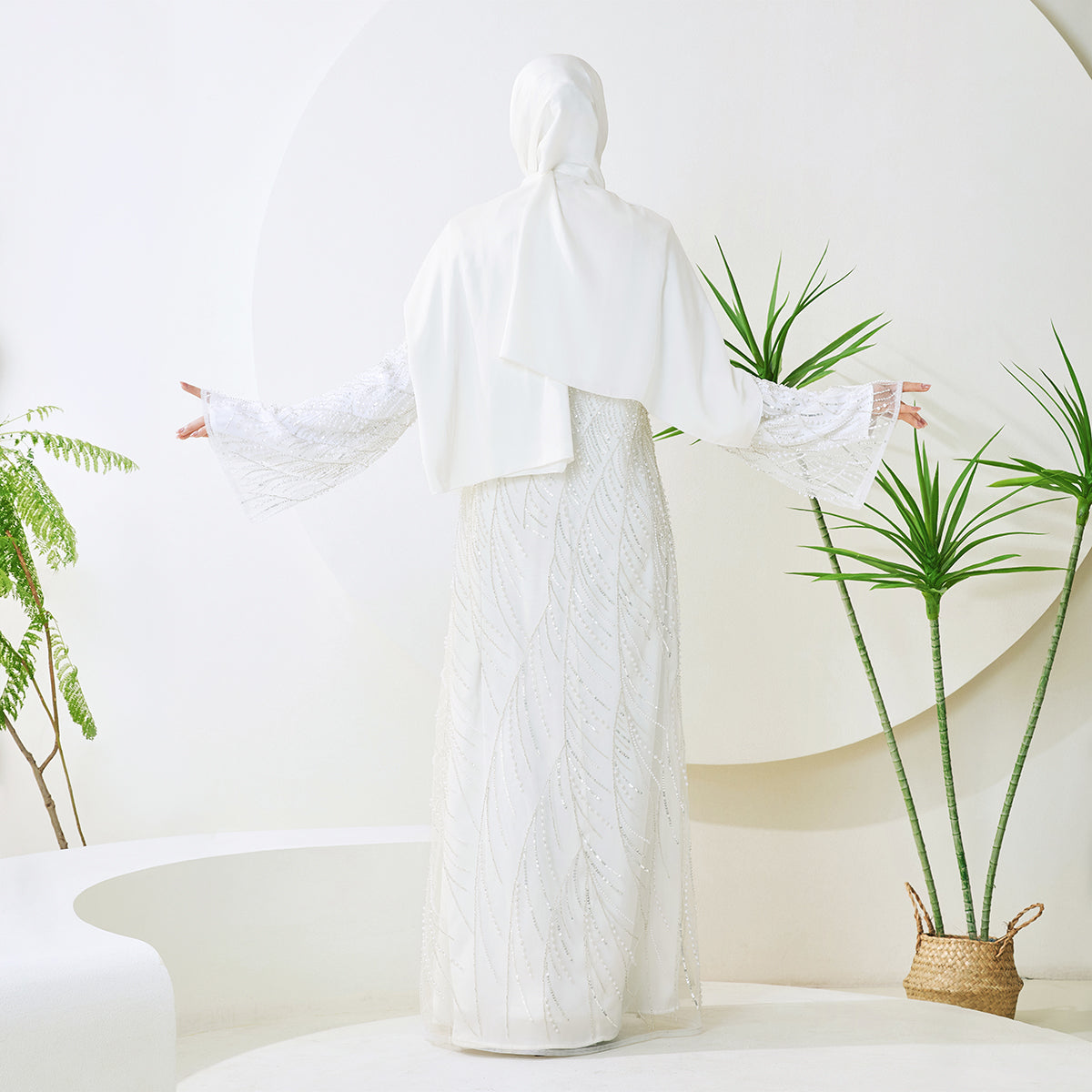 3-Piece Bridal Abaya Set with Pearl‑Embellished Organza Overlay PREORDER(NCS010)