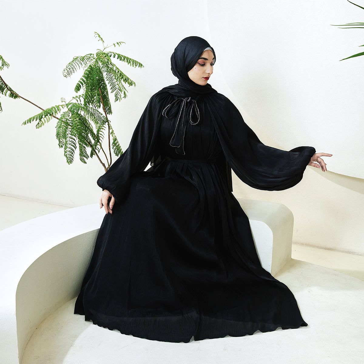 Haffafa Armani Satin Abaya Set – Modest Dress with Matching Belt & Hijab(NCS002)