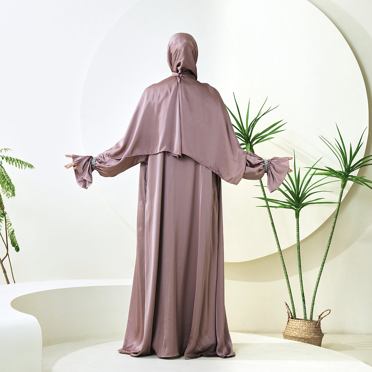 Poet Sleeve Satin Open Abaya With Matching Belt and Hijab(NCS007)