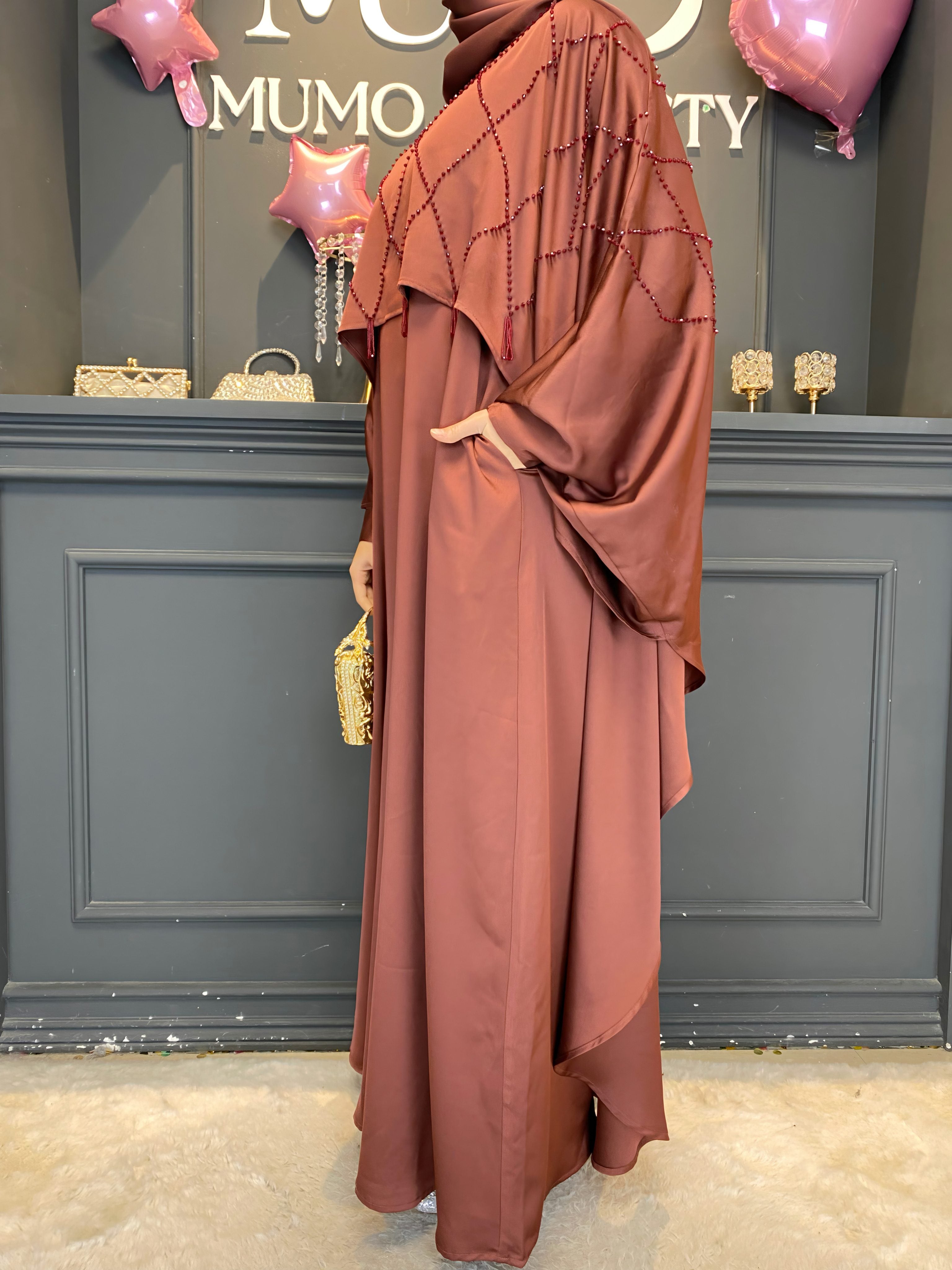 Ramadan 3-Piece Satin Abaya Set – Handmade Beaded Open Abaya with Inner Dress & Hijab (NCS021)