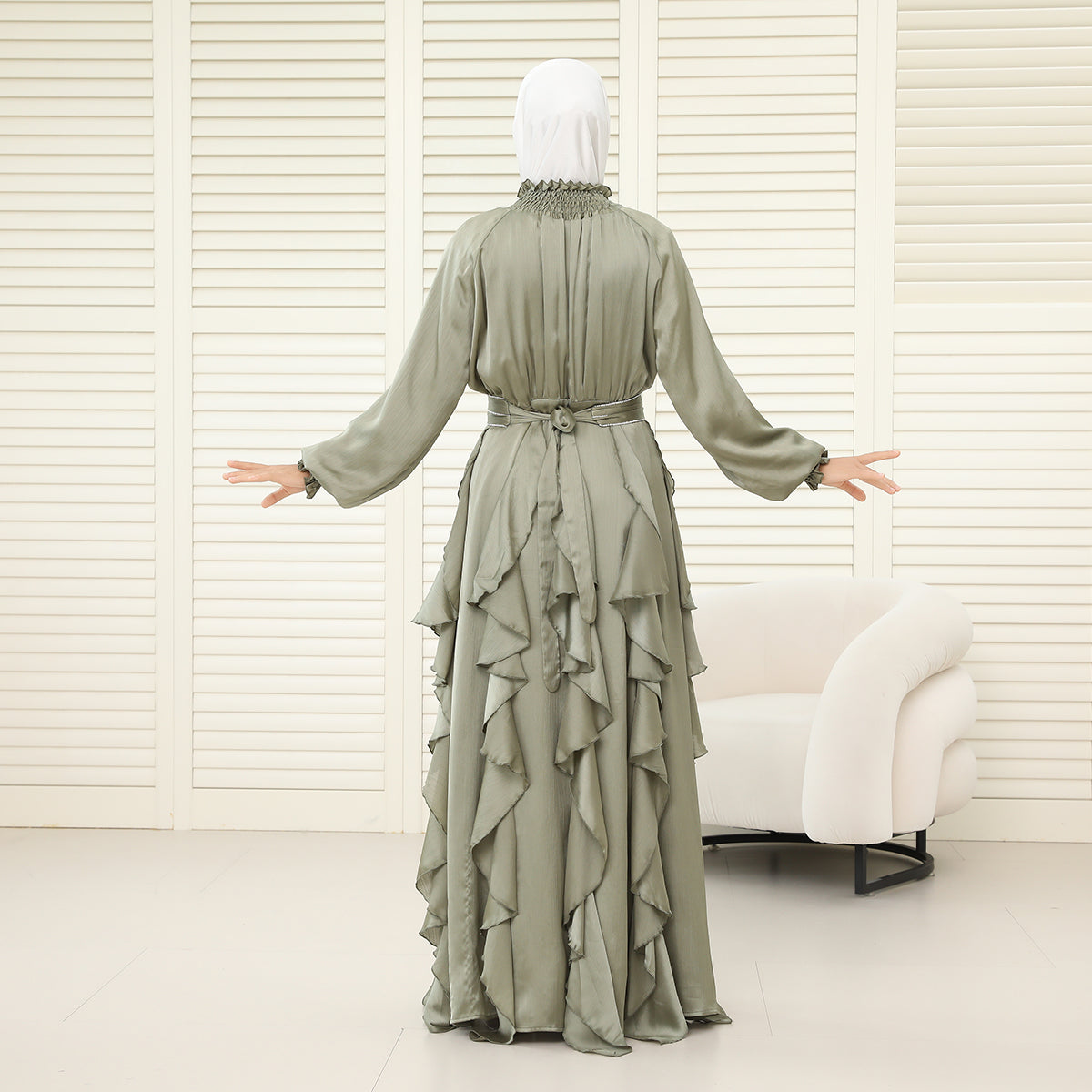 3-Piece Pleated Satin Ruffle Abaya with Crystal Belt & Hijab (NCS015)