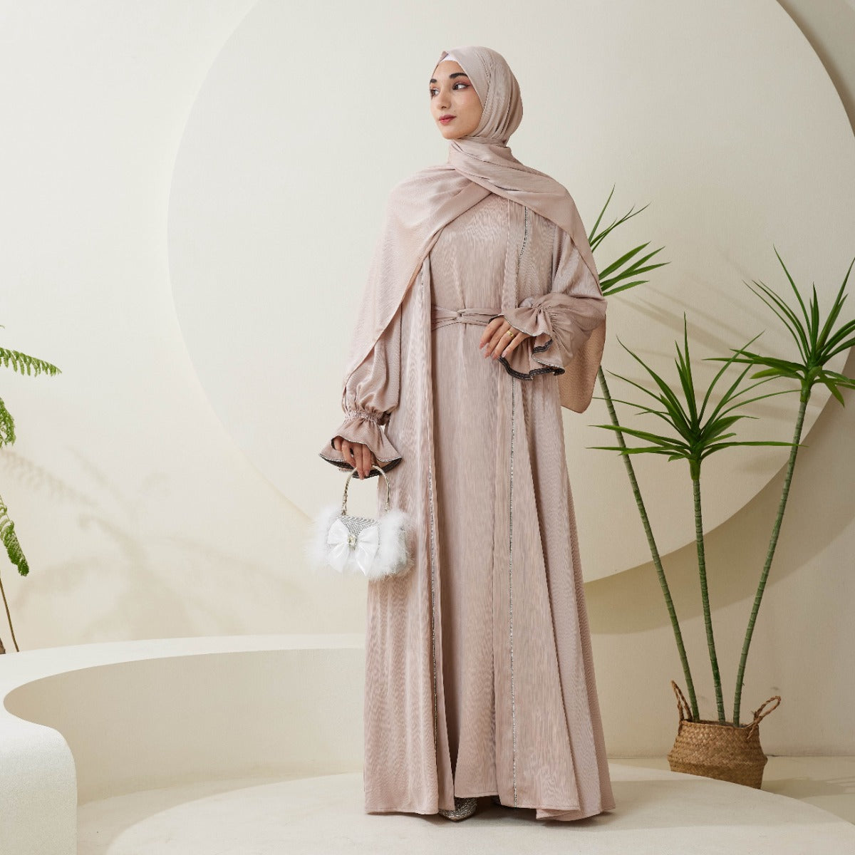 3-Piece Ruffle Sleeve Haiya Abaya Set with Sparkling Rhinestone (NCS006)