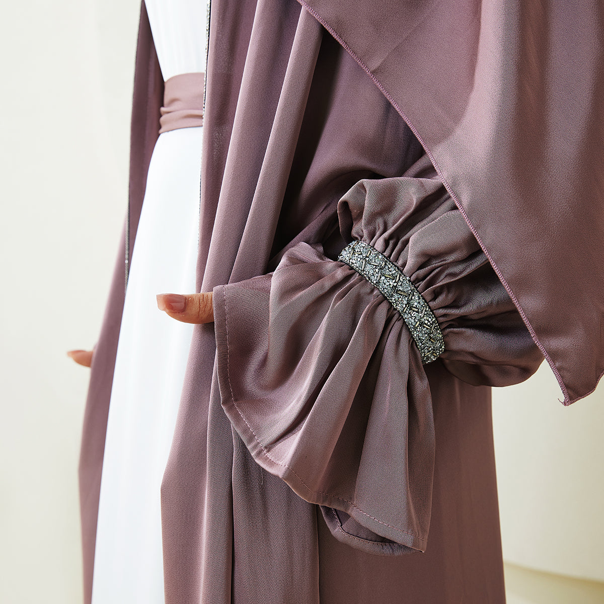 Poet Sleeve Satin Open Abaya With Matching Belt and Hijab(NCS007)