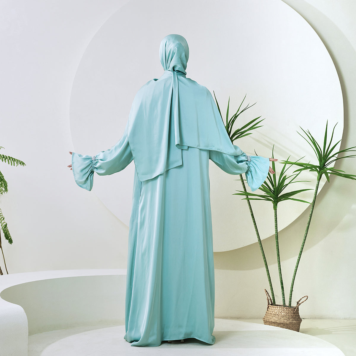 Poet Sleeve Satin Open Abaya With Matching Belt and Hijab(NCS007)