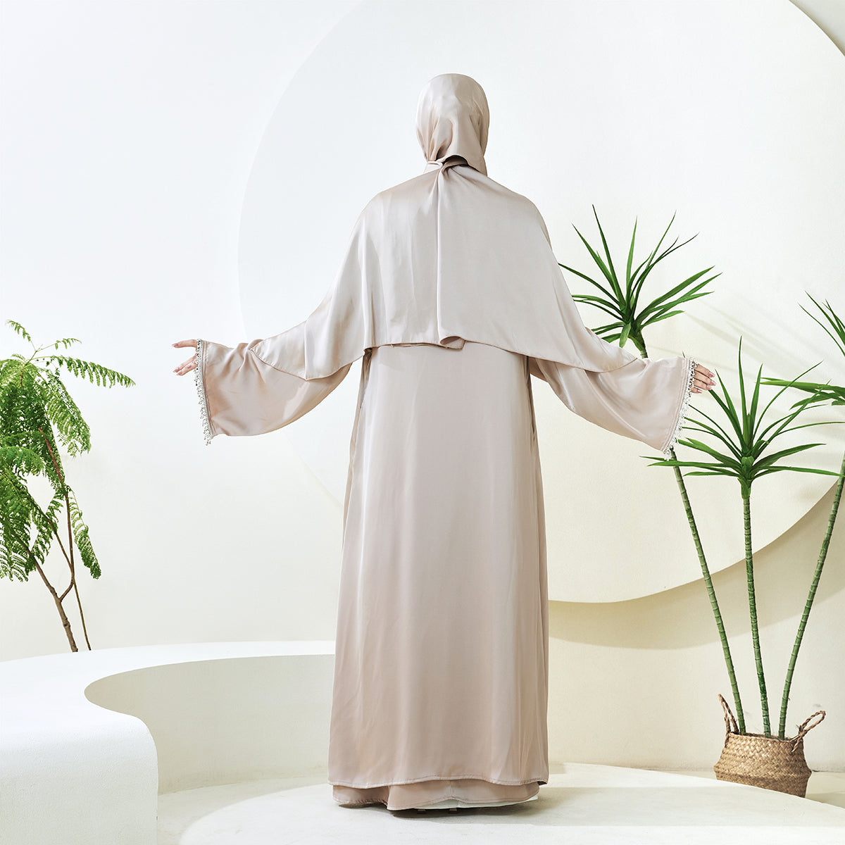 Satin Abaya With Diamond Tassels Belt, 4-Piece Set (NCS004)